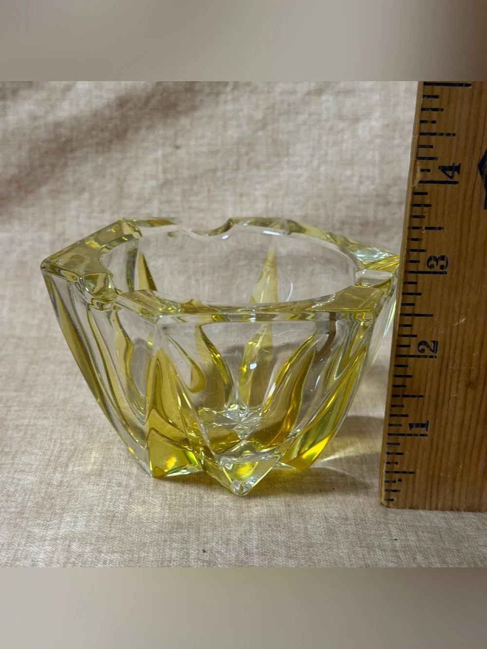 Heavy Cut Crystal Glass Ashtray Yellow Star Shape MCM Retro Vtg 60s Home Decor